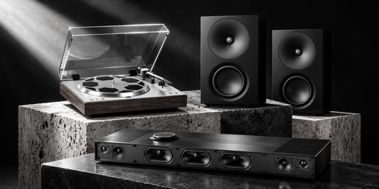 Black-and-white editorial composition featuring a Thorens turntable, Cambridge Audio L/R X speakers and Focal Mu-so Hekla