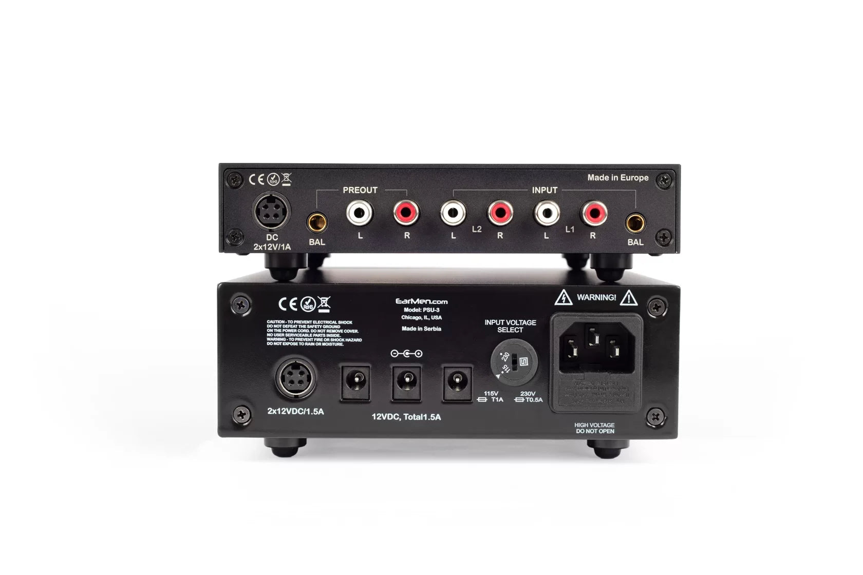 The back inputs and outputs of the CH-Amp Signature and PSU-3 power supply.