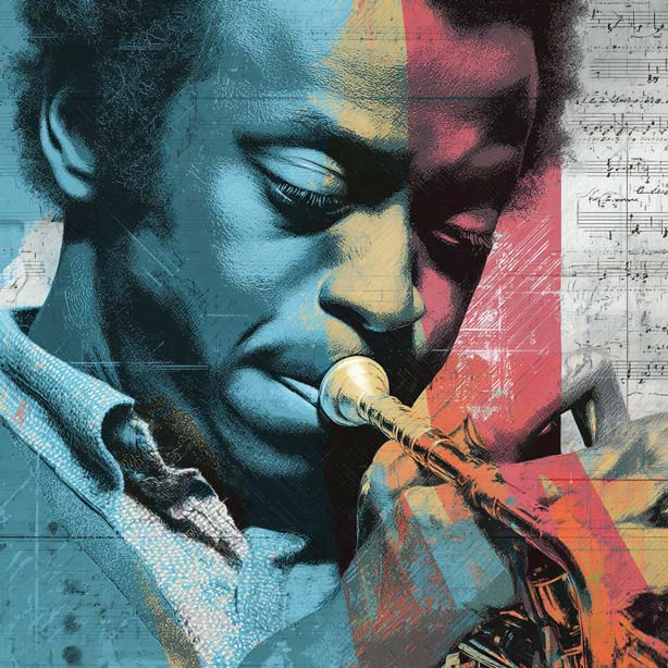 A colorful image of Miles Davis