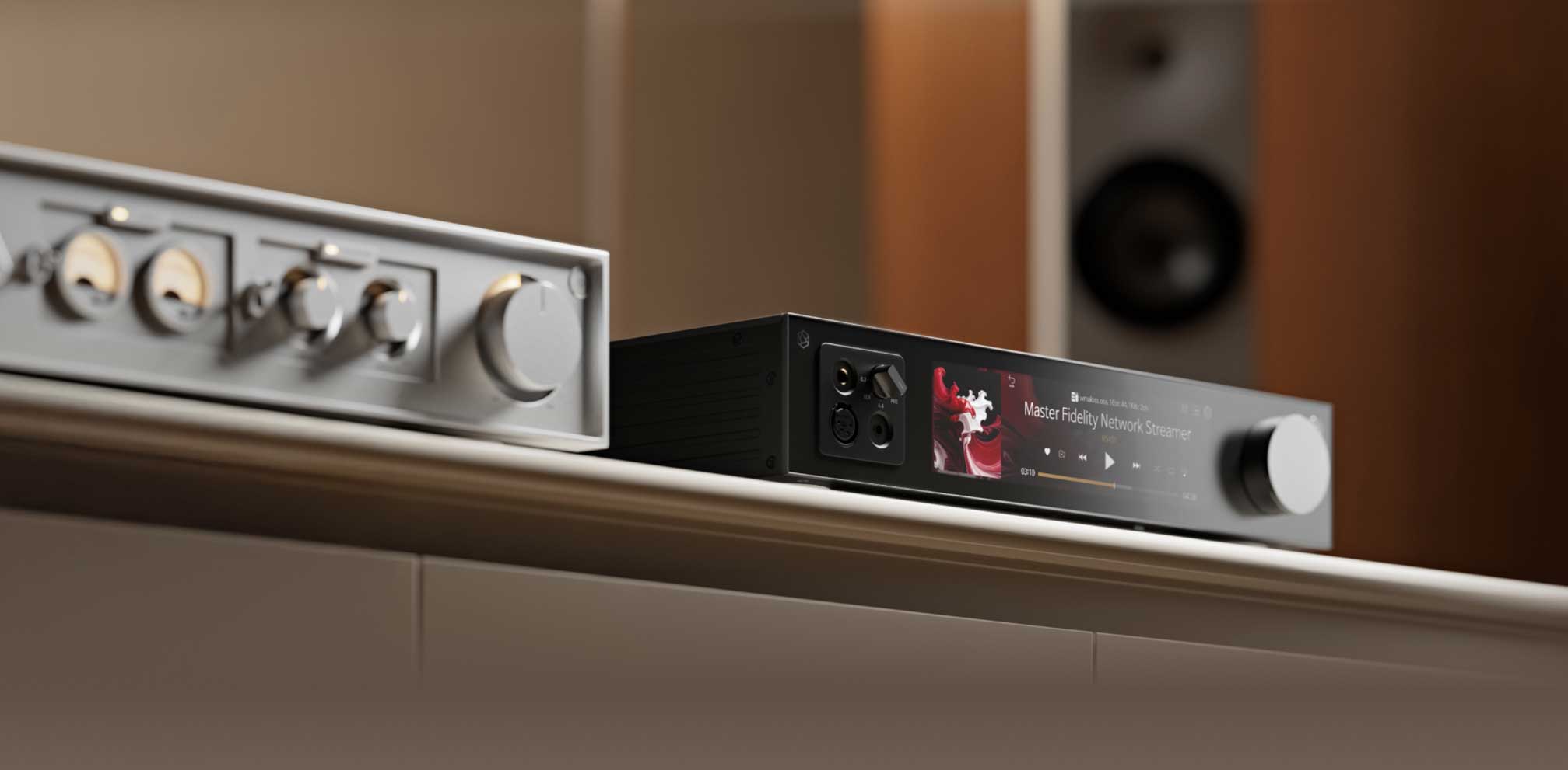 The Quad 33 and 303 side angle view in rack at House of Stereo