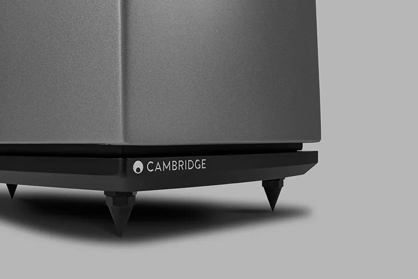 The base of the Edge S with spiked feet and the Cambridge Audio logo.