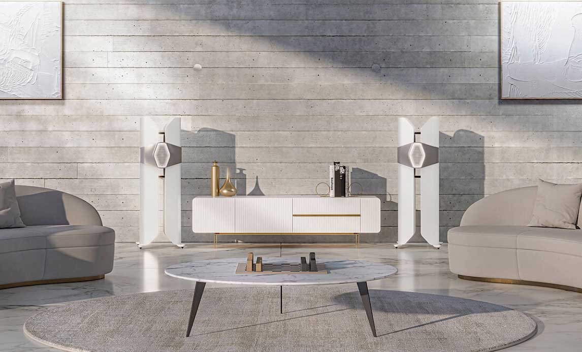 Monitor Audio Hyphn in white in industrial living room