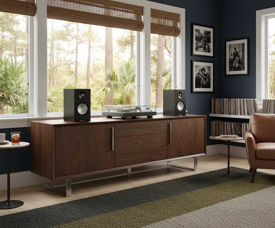 A pair of Monitor Audio bookshelf speakers sit on a credenza in a North Florida stereo room